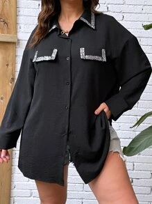 SHEIN LUNE 大碼亮片拼接邊落肩袖襯衫 - 黑色 - 查看 4