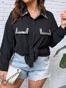 SHEIN LUNE 大碼亮片拼接邊落肩袖襯衫 - 黑色 - 查看 6