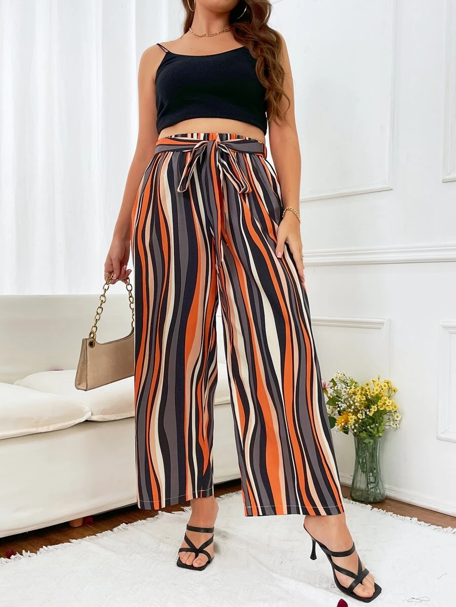 SHEIN Holidaya Plus Striped Print Belted Wide Leg Trousers - Multicolor - View 1