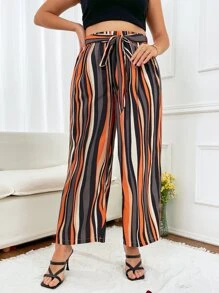 SHEIN Holidaya Plus Striped Print Belted Wide Leg Trousers - Multicolor - View 3
