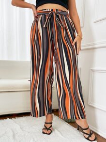 SHEIN Holidaya Plus Striped Print Belted Wide Leg Trousers - Multicolor - View 5