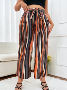 SHEIN Holidaya Plus Striped Print Belted Wide Leg Trousers - Multicolor - View 6