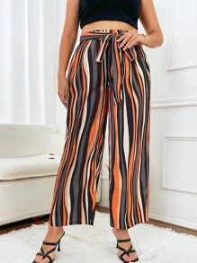 SHEIN Holidaya Plus Striped Print Belted Wide Leg Trousers - Multicolor - View 7