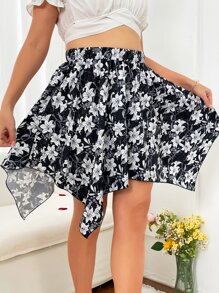 SHEIN Holidaya Plus Floral Print Asymmetrical Hem Skirt - Black and White - View 5