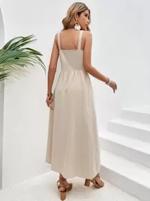 SHEIN VCAY 前紐扣吊帶洋裝 - 杏色 - 查看 2