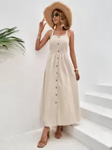 SHEIN VCAY 前紐扣吊帶洋裝 - 杏色 - 查看 5