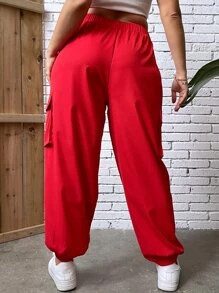 Flirla Plus Flap Pocket Side Cargo Trousers - Red - View 2