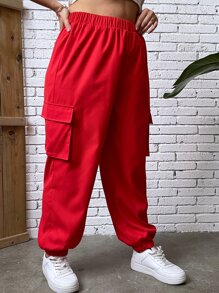 Flirla Plus Flap Pocket Side Cargo Trousers - Red - View 3