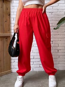 Flirla Plus Flap Pocket Side Cargo Trousers - Red - View 4