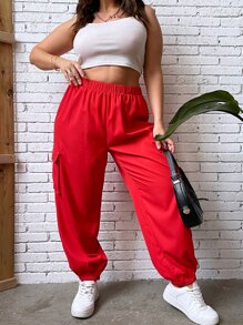 Flirla Plus Flap Pocket Side Cargo Trousers - Red - View 6