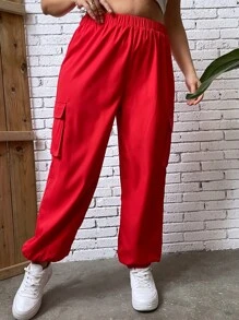 Flirla Plus Flap Pocket Side Cargo Trousers - Red - View 7