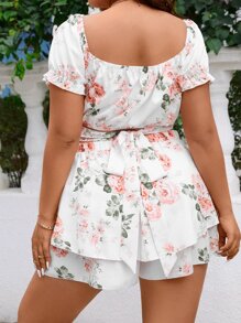 Sunnyshic 大碼印花泡泡袖短款上衣和多層下擺闊腿短褲 - 彩色 - 查看 2