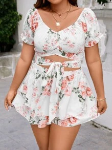 Sunnyshic 大碼印花泡泡袖短款上衣和多層下擺闊腿短褲 - 彩色 - 查看 6