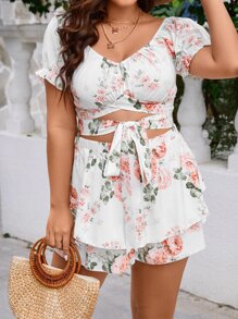 Sunnyshic 大碼印花泡泡袖短款上衣和多層下擺闊腿短褲 - 彩色 - 查看 7