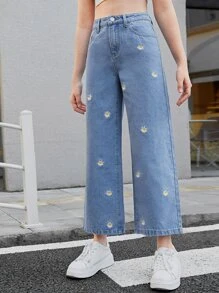 SHEIN Teen Girls Floral Embroidery Wide Leg Jeans - Light Wash - View 4