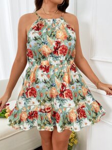 SHEIN Holidaya 大碼印花荷葉邊吊帶連衣裙 - 彩色 - 查看 1