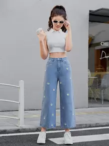 SHEIN Teen Girls Floral Embroidery Wide Leg Jeans - Light Wash - View 1