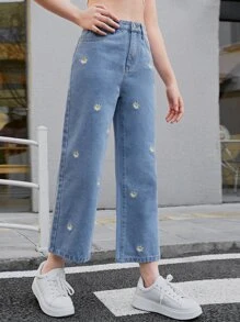 SHEIN Teen Girls Floral Embroidery Wide Leg Jeans - Light Wash - View 5