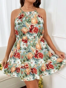 SHEIN Holidaya 大碼印花荷葉邊吊帶連衣裙 - 彩色 - 查看 2