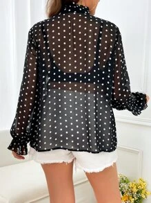 SHEIN Franclia Áo sơ mi Plus Size Xù Nút phía trước Chấm bi Thanh lịch - màu đen - Xem 2