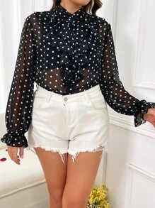 SHEIN Franclia Áo sơ mi Plus Size Xù Nút phía trước Chấm bi Thanh lịch - màu đen - Xem 3