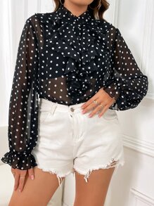 SHEIN Franclia Áo sơ mi Plus Size Xù Nút phía trước Chấm bi Thanh lịch - màu đen - Xem 4