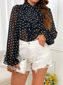 SHEIN Franclia Áo sơ mi Plus Size Xù Nút phía trước Chấm bi Thanh lịch - màu đen - Xem 7