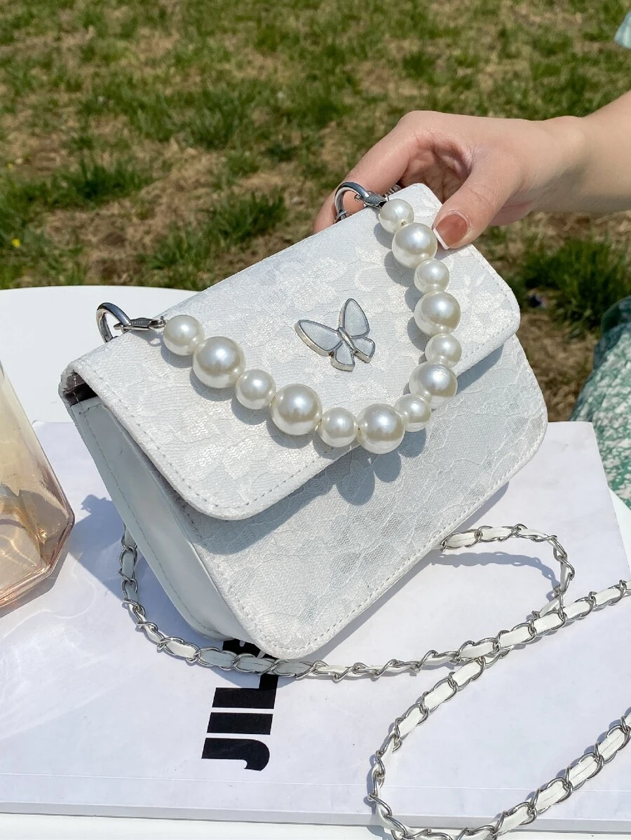 Mini Faux Pearl Decor Flap Satchel Bag - White - View 1