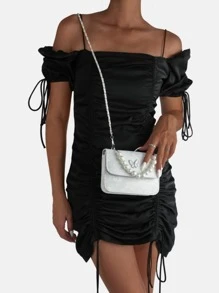 Mini Faux Pearl Decor Flap Satchel Bag - White - View 2