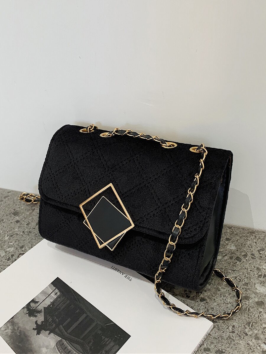 Bolso de hombro ligero, informal, de negocios, con cadena, decoración de metal, acolchado, sólido, para adolescentes, niñas, mujeres, estudiantes universitarios, novatos y trabajadores de cuello blanco, perfecto para oficina, universidad, trabajo, negocios, desplazamientos, actividades al aire libre, viajes, salidas - Negro - Ver 1