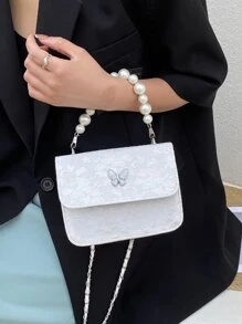 Mini Faux Pearl Decor Flap Satchel Bag - White - View 5