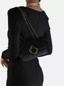 Bolso de hombro ligero, informal, de negocios, con cadena, decoración de metal, acolchado, sólido, para adolescentes, niñas, mujeres, estudiantes universitarios, novatos y trabajadores de cuello blanco, perfecto para oficina, universidad, trabajo, negocios, desplazamientos, actividades al aire libre, viajes, salidas - Negro - Ver 2