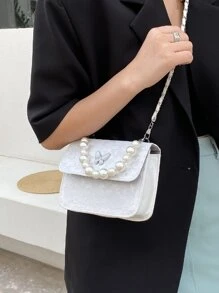 Mini Faux Pearl Decor Flap Satchel Bag - White - View 6