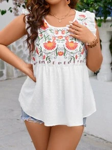 Sunnyshic Plus Floral Print Ruffle Trim Peplum Blouse