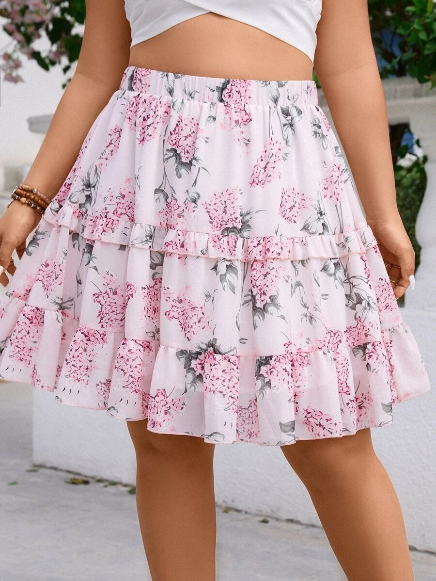 SHEIN Holidaya Falda con estampado floral bajo con fruncido - Multicolor - Ver 1