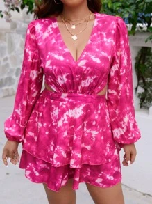 SHEIN Holidaya Plus Tie Dye Cut Out Waist Lace Up Backless Two Layer Hem Romper - Hot Pink - View 3