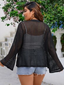 SHEIN Holidaya Plus Open Knit Flounce Sleeve Coat Without Cami Top - Black - View 2