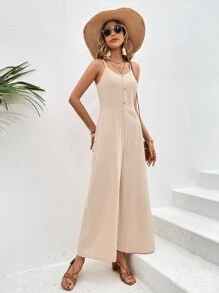 SHEIN VCAY Button Front Wide Leg Cami Jumpsuit - Khaki - View 1
