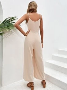 SHEIN VCAY Button Front Wide Leg Cami Jumpsuit - Khaki - View 2