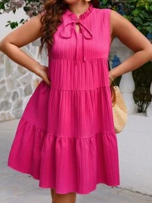 Breezaya Plus Tie Neck Ruffle Hem Smock Dress - Hot Pink - View 3