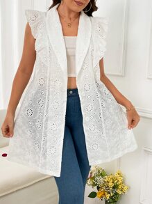 SHEIN LUNE 大碼青果領荷葉邊網眼刺繡外套 - 白色 - 查看 3