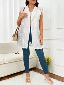 SHEIN LUNE 大碼青果領荷葉邊網眼刺繡外套 - 白色 - 查看 4