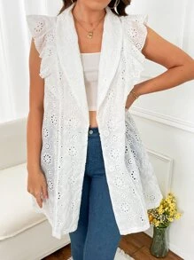 SHEIN LUNE 大碼青果領荷葉邊網眼刺繡外套 - 白色 - 查看 5