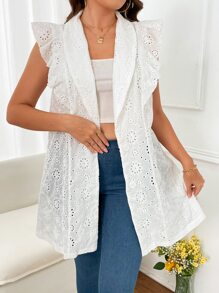 SHEIN LUNE 大碼青果領荷葉邊網眼刺繡外套 - 白色 - 查看 6