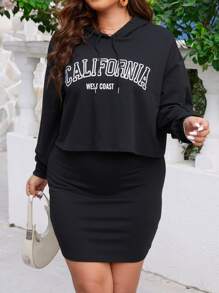 SHEIN Unity Plus Letter Graphic Drop Shoulder Drawstring Hoodie & Bodycon Skirt - Black - View 2