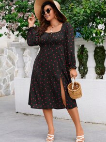 SHEIN Franclia Plus Strawberry Print Knot Front Split Thigh Dress - Black - View 2
