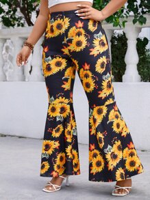 SHEIN Holidaya Plus Sunflower Print Flare Leg Trousers - Multicolor - View 3