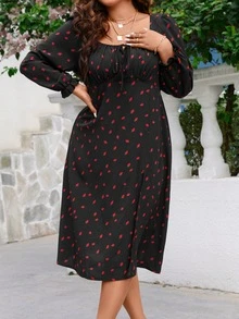 SHEIN Franclia Plus Strawberry Print Knot Front Split Thigh Dress - Black - View 5