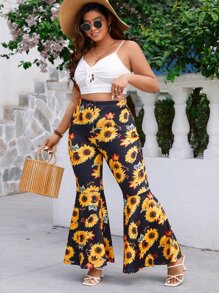 SHEIN Holidaya Plus Sunflower Print Flare Leg Trousers - Multicolor - View 5