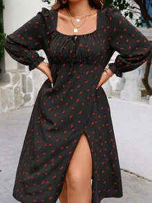 SHEIN Franclia Plus Strawberry Print Knot Front Split Thigh Dress - Black - View 6